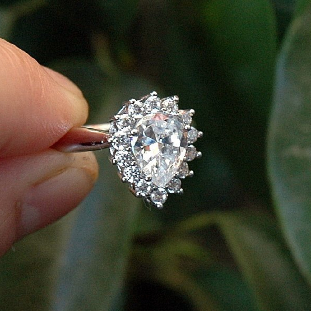 Sterling Silver Pear Cut Halo Ring Engagement ring - Picture 3 of 5